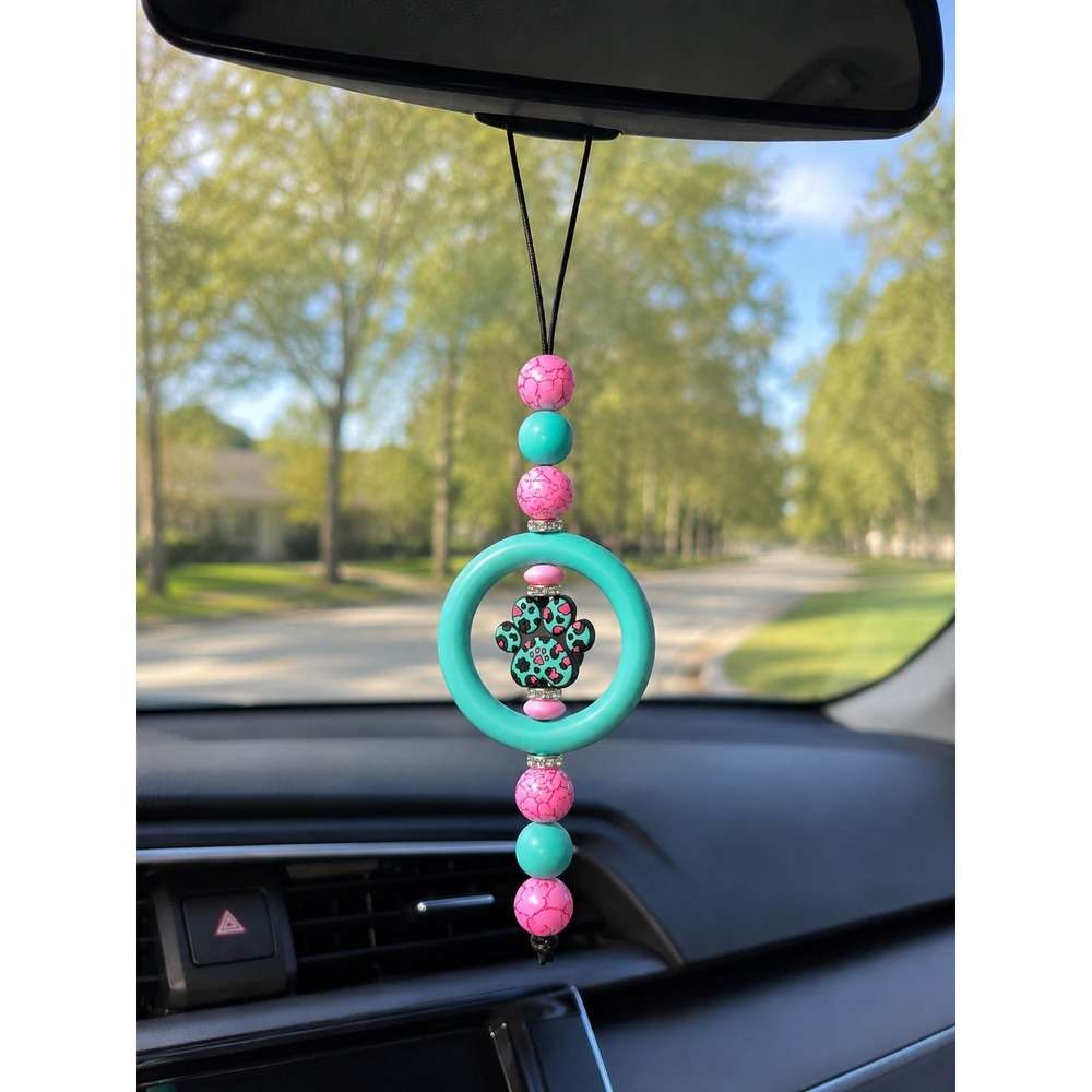 Handmade Beaded Car Mirror Charm Teal Pink Leopard Paw Print Rear View Ornament
